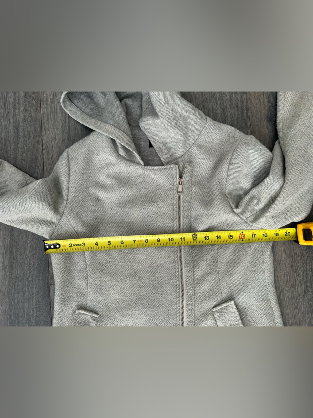 Le Chateau Grey Herringbone Asymmetrical Zip Hooded Jacket Long Chic Neutral Sm - Picture 8 of 14